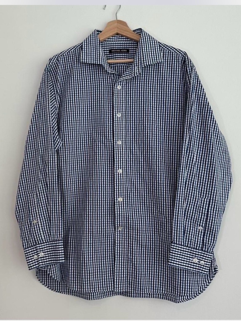 Michael Kors Men’s Navy White Gingham Button-Up Shirt XL 17 32/33 Dress Casual
